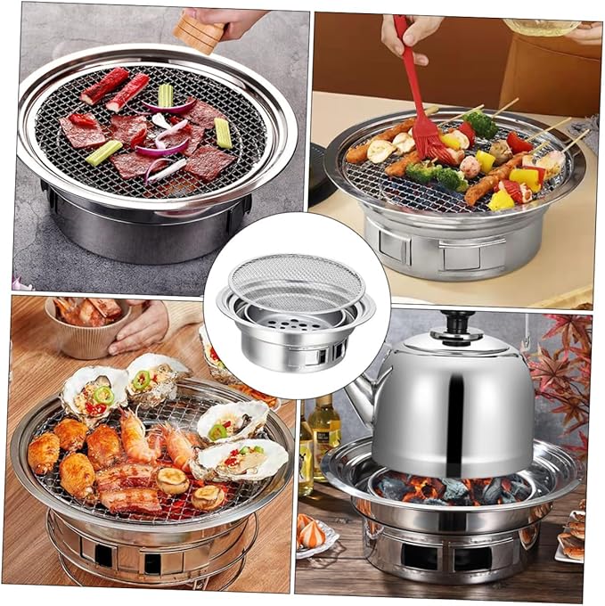 Toyvian Portable Stainless Steel Charcoal Stove Mini Korean Bbq Grill Outdoor Barbecue Oven with Grate for Camping and Home Use