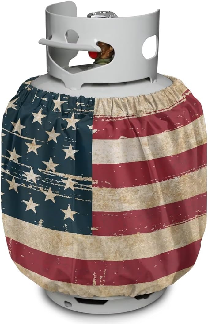 Retro American Flag Dual Propane Tank Cover 20 lb Patriotic Weather Resistant Gas Cylinder Polyester Blue Red 4th of July Decoration Slip-On Standard Tank Cover