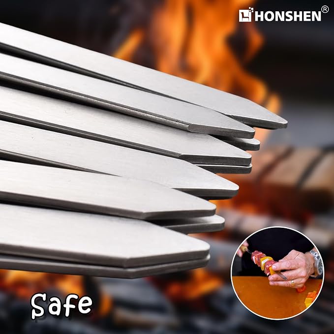 17-Inch 24 Pack Long Flat BBQ Skewers, HONSHEN 3/8 Inch Stainless Steel Wide Blade with hardwood Handle barbecue skewers for Grilling Meat,Chicken,Shrimp,Vegetables (17Inch Flat BBQ Skewers 24p)