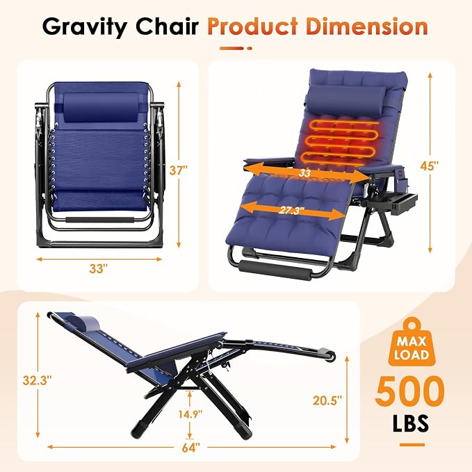 Slendor Heated Oversized Zero Gravity Chairs 33In, XXL Lounge Chair, Blue | Anti Gravity Recliner with 3 Heat Levels for Back & Seat, Headrest & Cup Holder, Folding, Supports 500lbs, (Battery Not)