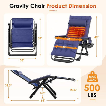 Slendor Heated Oversized Zero Gravity Chairs 33In, XXL Lounge Chair, Blue | Anti Gravity Recliner with 3 Heat Levels for Back & Seat, Headrest & Cup Holder, Folding, Supports 500lbs, (Battery Not)