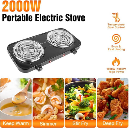 2000W Double Burner Cooktop, Portable Electric Stove, Coil Hot Plate Cooking Stove with 5 Temperature Adjustments, Countertop Burner Cooktop for Camping Home Dorm