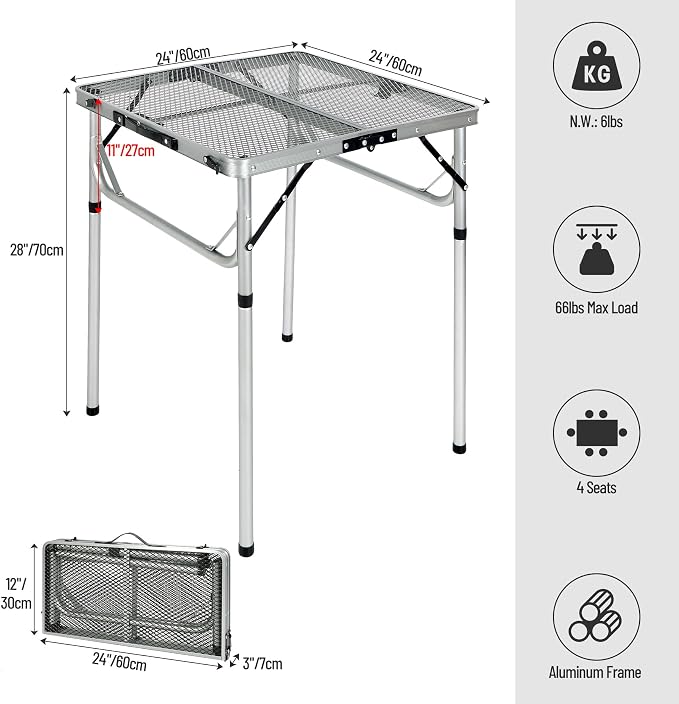 REDCAMP 24" Square Folding Grill Table for Outside, Lightweight Portable Metal Aluminum Outdoor Grill Table with Adjustable Height Legs, Great for Camping Picnic Cooking BBQ, Silver 2ft