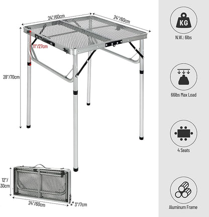 REDCAMP 24" Square Folding Grill Table for Outside, Lightweight Portable Metal Aluminum Outdoor Grill Table with Adjustable Height Legs, Great for Camping Picnic Cooking BBQ, Silver 2ft