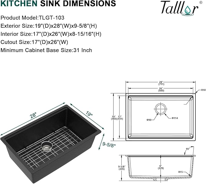 28x19 Inch Black Undermount Kitchen Sink, Granite Composite Kitchen Sink, Workstation All-In One Matte Black Quartz Classic Single Bowl Sinks Basin #TLGU-137