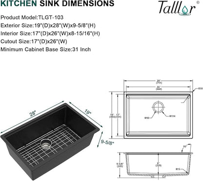 28x19 Inch Black Undermount Kitchen Sink, Granite Composite Kitchen Sink, Workstation All-In One Matte Black Quartz Classic Single Bowl Sinks Basin #TLGU-137
