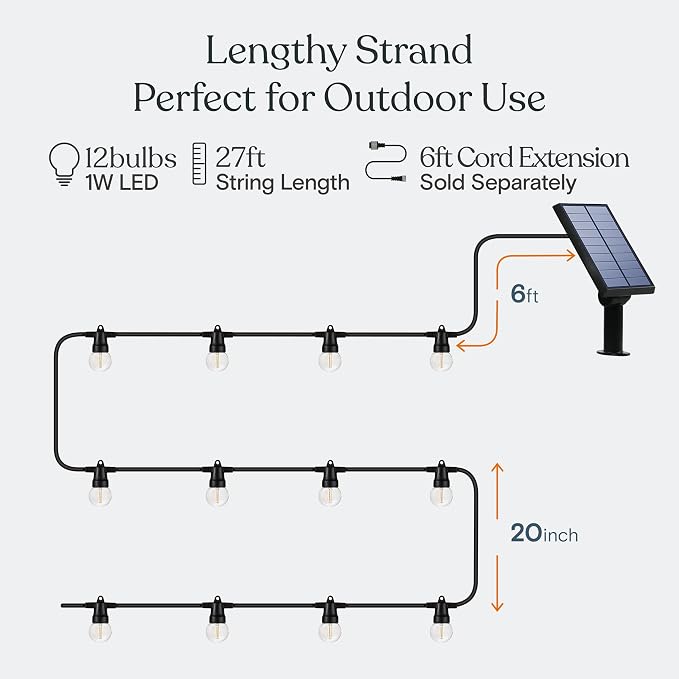Brightech Ambience Pro Solar Powered Outdoor String Lights - 27 Ft Commercial Grade Waterproof Patio Lights with Edison Globes, Shatterproof LED String Lights for Patio - 12 Bulbs, 1W, Soft White