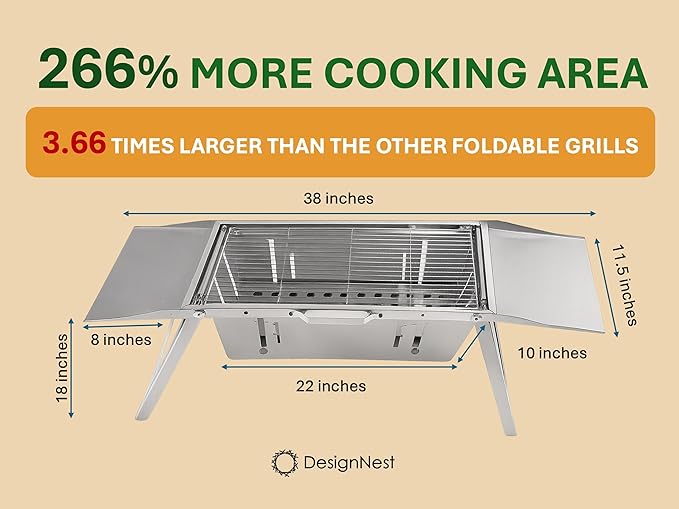 DesignNest Foldable Charcoal Grill - Full Body Stainless Steel Portable BBQ Stand Hibachi with Height Adjustable Grates, 2 Side Trays & Carry Bag 38' Cooking Area For Camping Tailgating & Patios