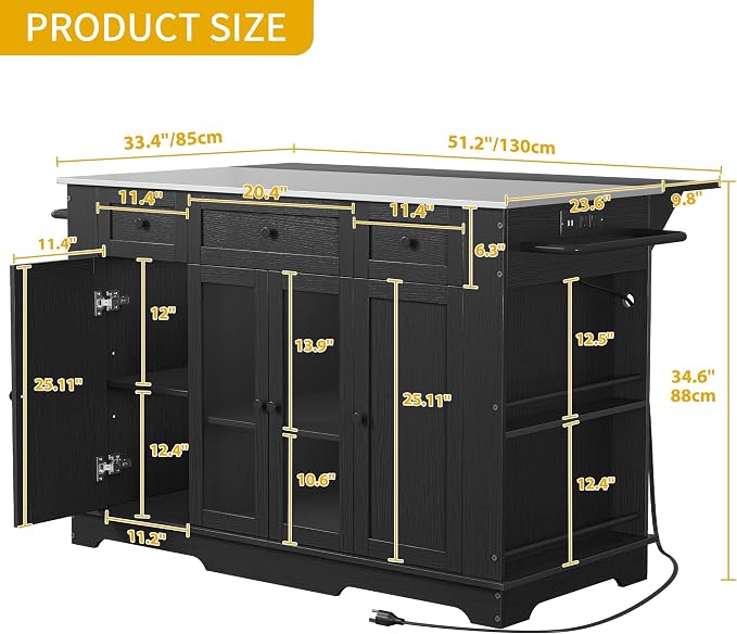 DWVO Kitchen Island with Stainless Steel Top & Power Outlet, 60 Inch Kitchen Island on Wheels with Drop Leaf, Large Rolling Mobile Center Islands w Storage Drawer Cabinet Counter Metal Top, Black