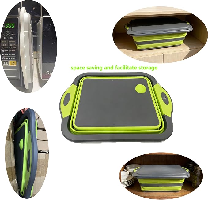 3-in-1 Folding Camping Cutting Board, Collapsible BBQ Prep Tub with Lid | Foldable Camping Chopping Board, PP+TPR Material Cutting Board, Folds to 1.5 Inch Slim for RV Camping & Small Kitchen (Green)