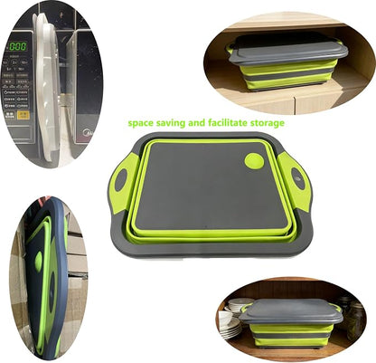 3-in-1 Folding Camping Cutting Board, Collapsible BBQ Prep Tub with Lid | Foldable Camping Chopping Board, PP+TPR Material Cutting Board, Folds to 1.5 Inch Slim for RV Camping & Small Kitchen (Green)