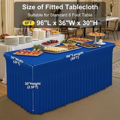 Smiry Spandex Elastic Fitted Table Cloth Skirt for 8FT Rectangle Table | Stretch Washable Table Cloth, Banquet Table Cover for Wedding, Party, Indoor & Trade Shows, (Blue, 96Lx36Wx30H)