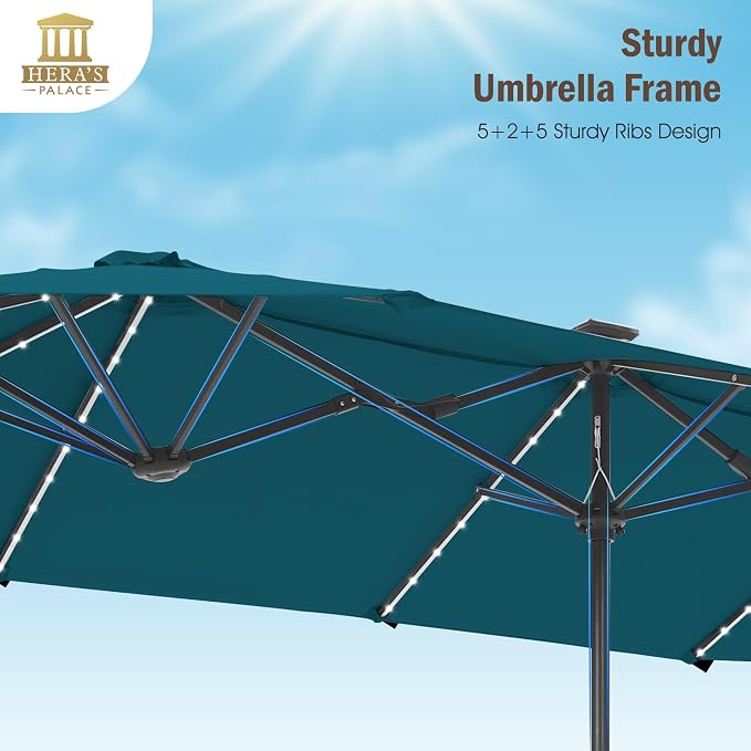 HERA'S PALACE 13 ft Patio Umbrella with 120 LED Solar Lights Double Sided Outdoor Umbrella for Patio 8 Colors Changing Table Umbrella for Garden Pool, Cerulean