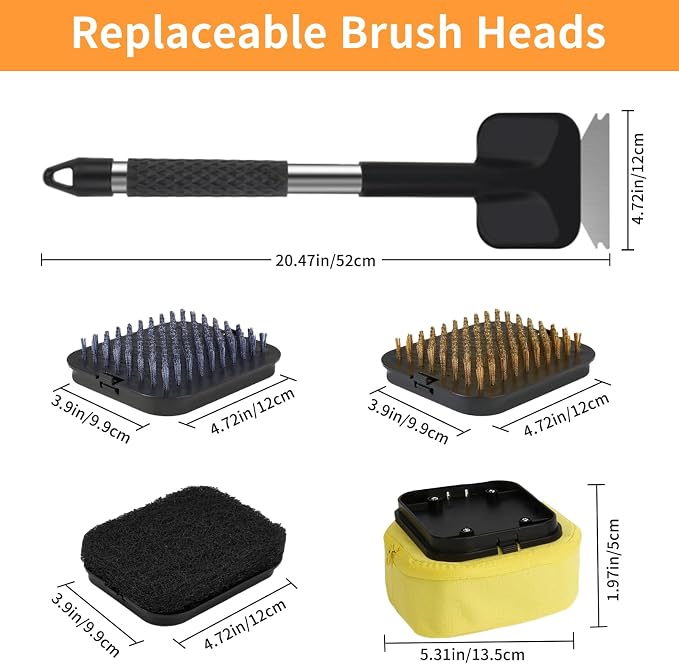 5Pcs Grill Brush for Outdoor Grill, w/Bristle Free BBQ Scraper | Grill Brush Set with Steam/Steel/Plastic/Scour Heads & 20.47" Handle, Safe for Cast Iron, Stainless Steel, Porcelain Grates