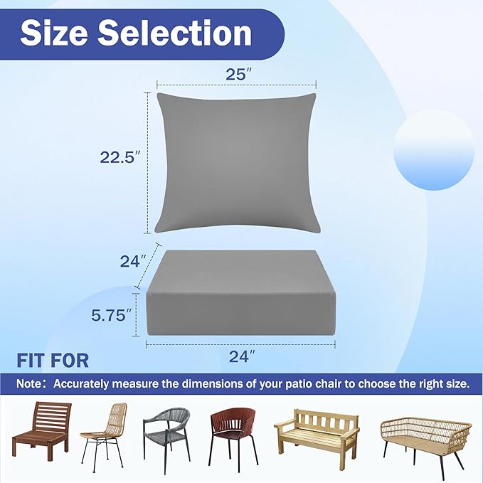 Outdoor Chair Cushions, 24 x 24 Inch Outdoor Cushion for Patio Furniture, Patio Chair Cushion, Waterproof & Fade Resistant Deep Patio Furniture Cushions Set with Handle and Ties, Grey (Set of 2)
