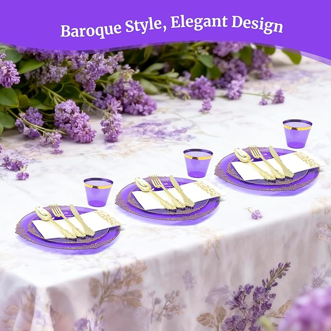 AIRE 350PCS Purple Gold Plastic Plates for Party Dinnerware Sets for 50 Guests, Vintage Disposable Plastic Party Plates Cups Spoons Forks Knives Napkins for Wedding Birthday Christmas BBQ Parties