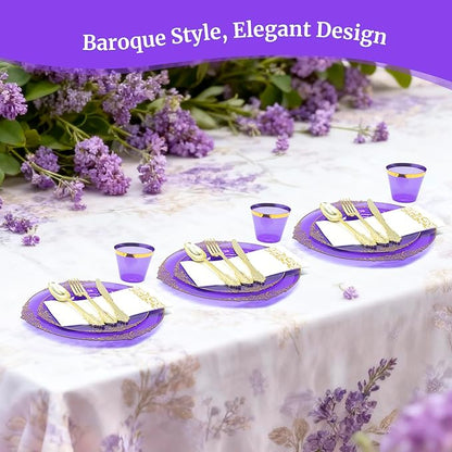 AIRE 350PCS Purple Gold Plastic Plates for Party Dinnerware Sets for 50 Guests, Vintage Disposable Plastic Party Plates Cups Spoons Forks Knives Napkins for Wedding Birthday Christmas BBQ Parties