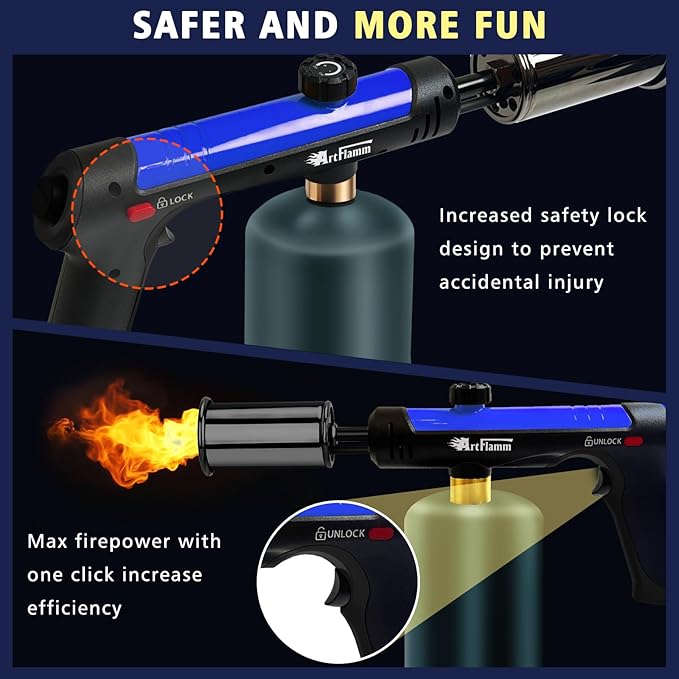 ARTFLAMM Powerful Propane Torch Gun, Flamethrower with Turbo Mode, Charcoal Torch Lighter with Safety Lock, Kitchen Blow Torch for Cooking, BBQ, Searing Steak, Grill(Tank Not Included)