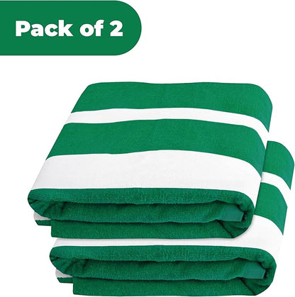 Superior Cabana Cotton Lounge Chair Cover, Outdoor Towel/Chaise Furniture Covers, Terry Cloth, Beach, Spa, Swim Accessories, Pool Chair Cover, Soft, Quick Drying, 32" x 102", Set of 2, Green