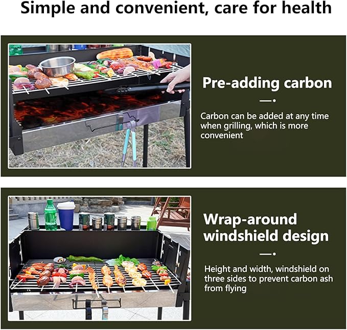 Portable Charcoal Grill, Foldable BBQ Charcoal Grill, 3 Gear Adjustable Temperature Windproof Smoker Grill, Large Camping Barbecue Charcoal Grills for Outdoor Cooking Barbecue Camping BBQ (Black)