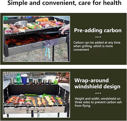 Portable Charcoal Grill, Foldable BBQ Charcoal Grill, 3 Gear Adjustable Temperature Windproof Smoker Grill, Large Camping Barbecue Charcoal Grills for Outdoor Cooking Barbecue Camping BBQ (Black)