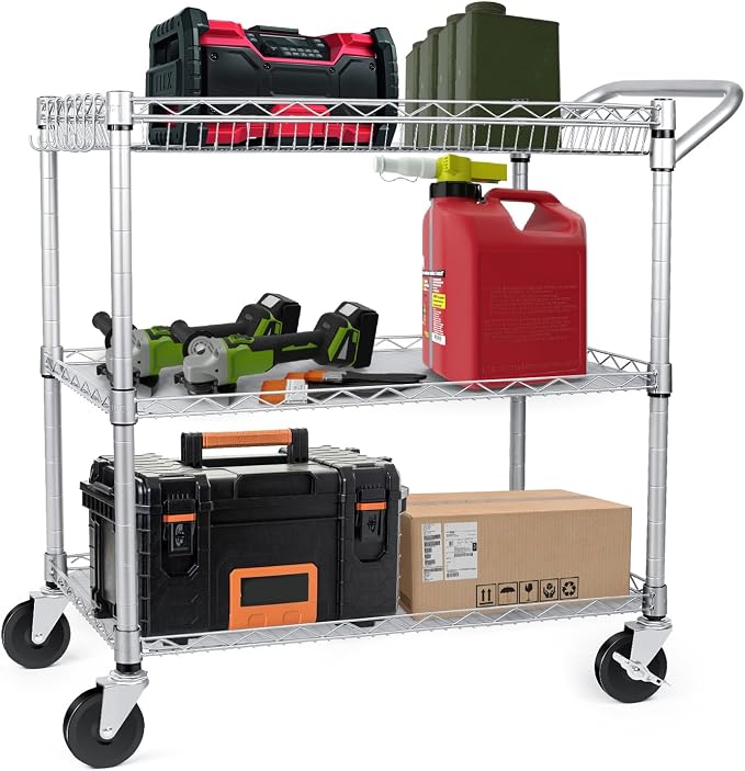 Heavy Duty 3 Tier Utility Cart,Wire Rolling Carts with Wheels, Commercial Grade Service Cart with Shelving Liners and Handle Bar Metal Carts for Kitchen Office Hardware