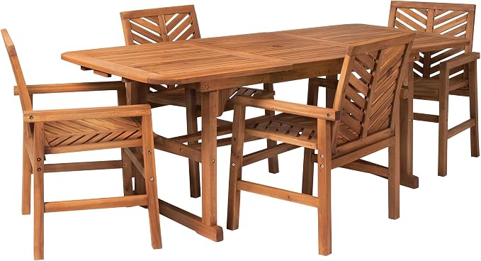 Walker Edison 4-6 Person Outdoor Wood Chevron Back Patio Furniture Dining Set Extendable Table Chairs All Weather Backyard Conversation Garden Poolside Balcony, 5 Piece, Brown