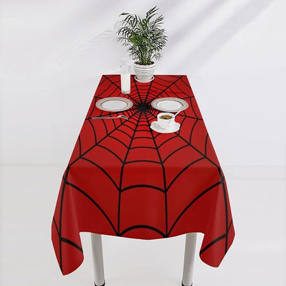 Spider Web Hero Tablecloth, Black Spiderweb Red Cobweb Circle Water Resistant Wipeable Table Cover for Picnic Party Holiday Kitchen Dinner Table 60"x110"