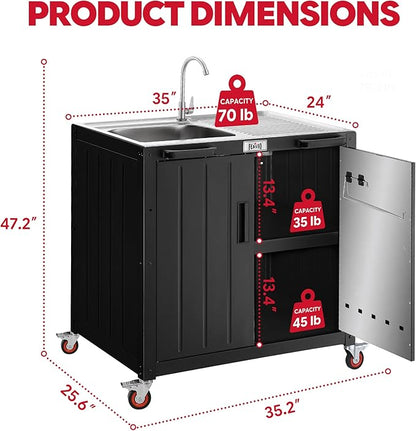 Feasto Outdoor Kitchen Island with Stainless Steel Sink and Storage Cabinet, 35-Inch BBQ Prep Station with Faucet & Lockable Wheels for Patio, Backyard, and Outdoor Cooking, Black & Silver
