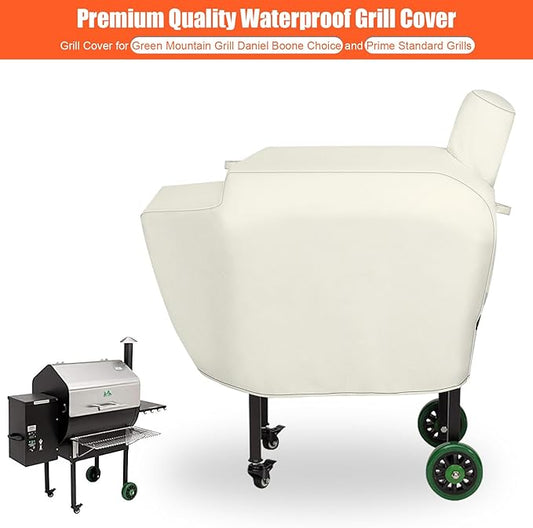 QuliMetal Grill Cover for Green Mountain Grill Daniel Boone Choice and Prime Standard Grills, Full Length GMG Daniel Boone Smoker Cover, 600D Fabric Waterproof Fade Resistant, Beige