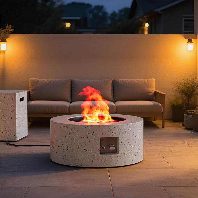 2-Piece Outdoor Propane Fire Pit Table Set w Tank Side Table 30'' Round Fire Pit Table 2-in-1 Firepit Table for Outside Patio Gas Fire Pit w 304 Stainless Steel Burner 50,000 BTU,Speckled White﻿