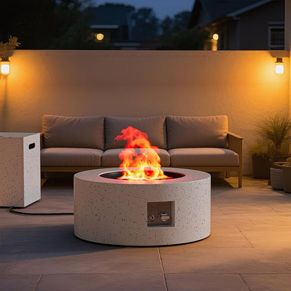 2-Piece Outdoor Propane Fire Pit Table Set w Tank Side Table 30'' Round Fire Pit Table 2-in-1 Firepit Table for Outside Patio Gas Fire Pit w 304 Stainless Steel Burner 50,000 BTU,Speckled White﻿