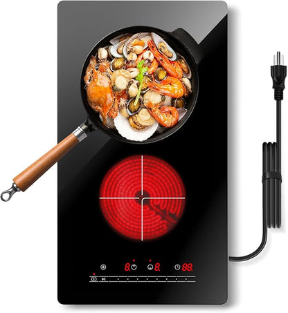 12 Inch 2 Burner Electric Cooktop, 2000W Double Ceramic Glass Stove Top with Touch Control or Slider Control & Infrared Heating, 9 Power Levels, Timer, Child Lock