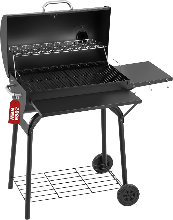 Barrel Charcoal Grill, 554 Sq. In. Large Outdoor BBQ Grill | 4-position adjustable charcoal pan, thermometer, warming rack, front shelf, folding side table, wheels and storage rack
