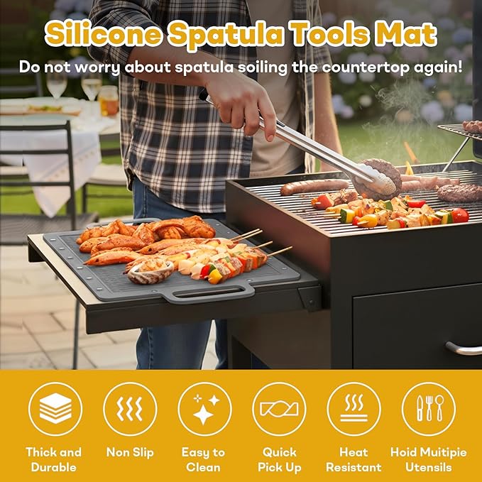 Portable Outdoor Silicone Grill Mat, Foldable Heat-Resistant Table Mat & BBQ Side Shelf Tool Pad with Snap Buttons, Converts into Storage Bag for Utensils and Food, Food-Grade, Non-Slip(Gray)