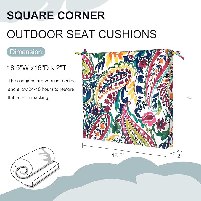 DYTXIII Set of 4 Outdoor Chair Cushions, Water Resistant 18.5"x16"x2" Square Seat Cushion for Patio Dining Chairs, High-Density Replacement Pads for Indoor Outdoor Furniture - Vigour Paisley