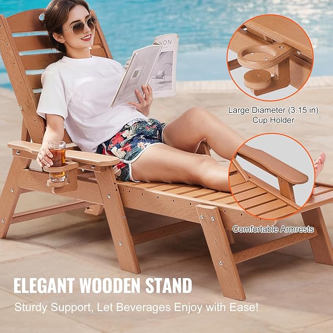 VEVOR Chaise Lounge Chair, 400 lbs Weight Capacity, 6 Positions Adjustable Patio Lounge Chair, Outdoor HDPE Lounge Chair with Backrest & Cup Holder, for Pool Poolside Deck Backyard Lawn, Brown