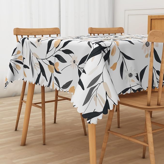 Floral Rectangular Tablecloth Black and Yellow Leaves Flowers Table Cloth Perfect for Spring Home Decor 70x140 Inch Botanical Waterproof Resistant Table Cover for Kitchen Dining Room