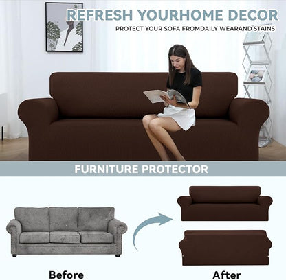 LURKA Stretch Couch Cover for Sofa, 1 Piece 3 Cushion Slipcover, Chocolate | Soft Stretch Jacquard, Fits 78"-94" Sofas, Elastic Bottom for Secure Fit, Machine Washable, Pet & Kid Friendly