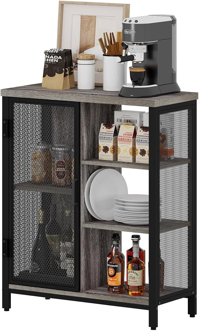 Liquor Cabinet Bar for Home, Coffee Storage Cabinet | Adjustable Shelves, Small Wood Sideboard Buffet Station Cabinets with Door, for Kitchen/ Dining/ Entryway, Dark Grey Oak, 36"