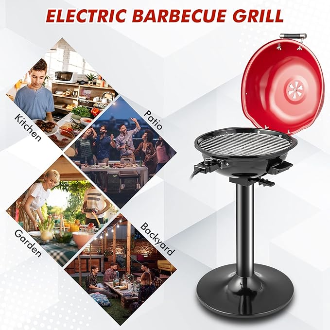 HAPPYGRILL Electric Grill Outdoor, 1600W Barbecue 15-Serving for Indoor & Outdoor Use, Portable Stand BBQ Grill for Cooking Patio Kitchen Garden, Red