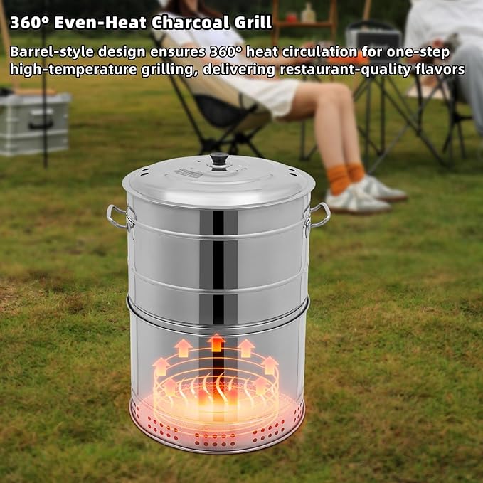 Large Portable Charcoal Grills, Stainless BBQ Grill Barrel, 360° Smokeless Outdoor Barbecue Grill for Travel Camping Grill Outdoor Cooking Picnic Patio Backyard (50 Skewers)