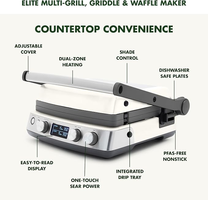 GreenPan Elite 7-in-1 Multi-Function Contact Grill & Griddle, Healthy Ceramic Nonstick Reversible Plates, Adjustable Shade & Shear, Closed Press/Open Flat Surface, PFAS-Free, Cream White