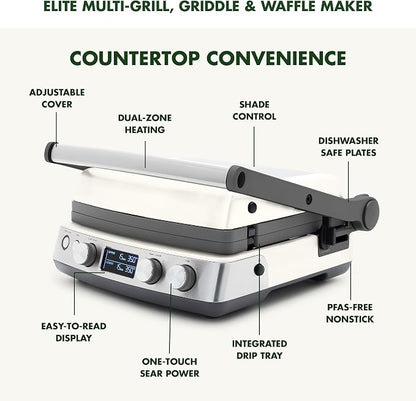 GreenPan Elite 7-in-1 Multi-Function Contact Grill & Griddle, Healthy Ceramic Nonstick Reversible Plates, Adjustable Shade & Shear, Closed Press/Open Flat Surface, PFAS-Free, Cream White