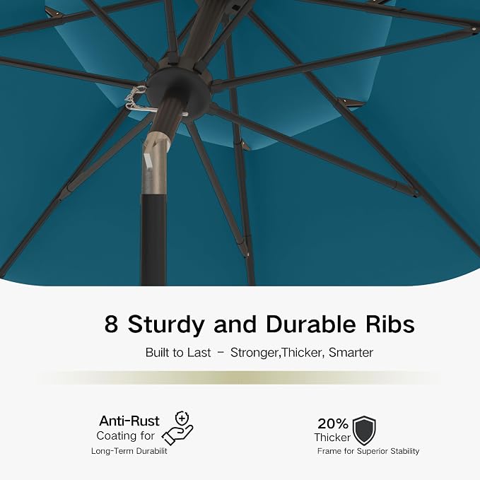 Kingdura 9ft 3-Tier Patio Umbrella, Outdoor Table Umbrella with Easy Crank & Tilt, 8 Reinforced Ribs, UV Protection for Deck, Pool, Market, Backyard (Lake blue)