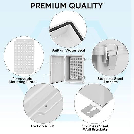 TICONN Outdoor Electrical Box Waterproof, Junction Box IP67 ABS Plastic Enclosure with Hinged Cover with Mounting Plate, Wall Brackets, Cable Glands (Off-White, 10.2"x6.3"x3.9")