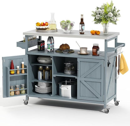 Zevemomo Outdoor Grill Cart with Storage, Lockable Casters, Gray-Blue | Stainless Steel Tabletop Outdoor Kitchen Island, Fir Wood Outdoor Buffet Cabinet for Kitchen & Barbecue