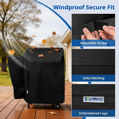SunPatio Outdoor Heavy Duty Waterproof Grill Cover, Compatible for Traeger 20 Series Wood Pellet, Tailgater and Recteq 340 Grills, Full Length Barbecue Cover, All Weather Protection, Black
