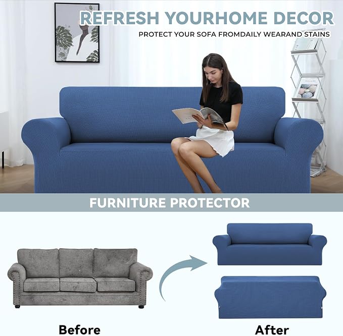 LURKA Stretch Couch Cover for Sofa, 1 Piece 3 Cushion Slipcover, Blue | Soft Stretch Jacquard, Fits 78"-94" Sofas, Elastic Bottom for Secure Fit, Machine Washable, Pet & Kid Friendly