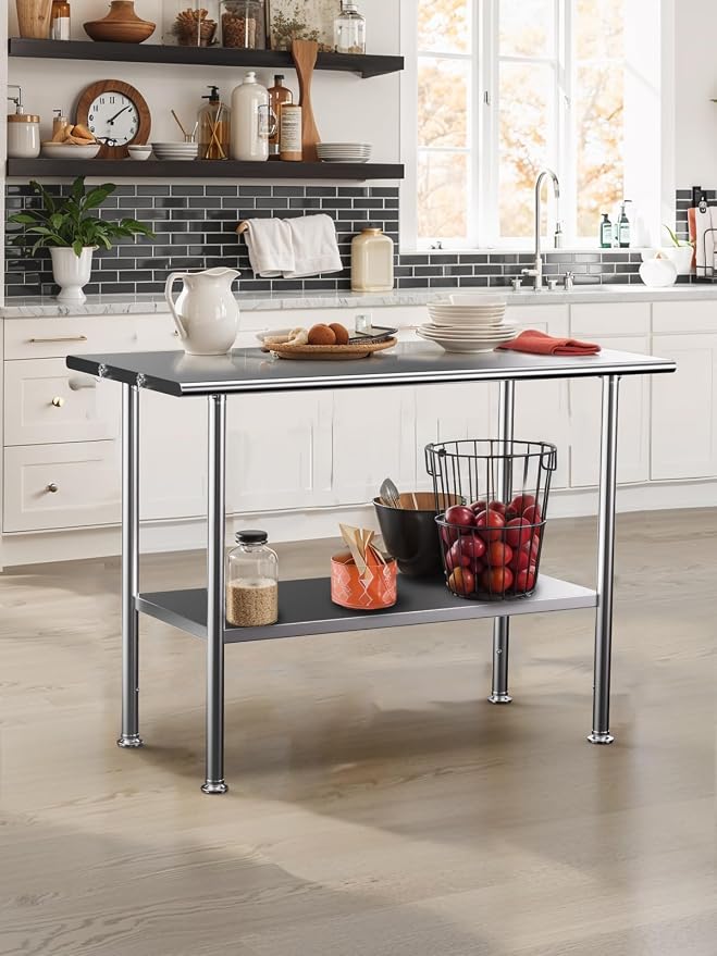 Atelicf NSF Stainless Steel Prep Table 24X48 inch, Rounded Flat Top | Commercial-grade table for restaurants, kitchens, food trucks, breweries, bars, garages, and outdoor BBQ